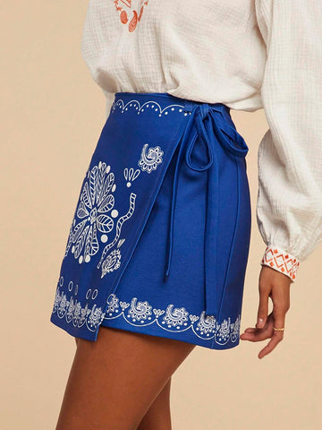 Travachic Vacation Knit Printed Tie Waist Mini Skirt