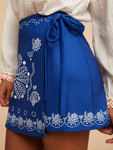 Travachic Vacation Knit Printed Tie Waist Mini Skirt