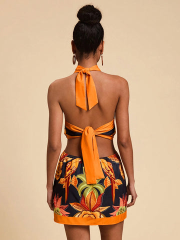 Travachic Vacation Woven Floral Print Halterneck Women Mini Dress