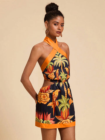 Travachic Vacation Woven Floral Print Halterneck Women Mini Dress