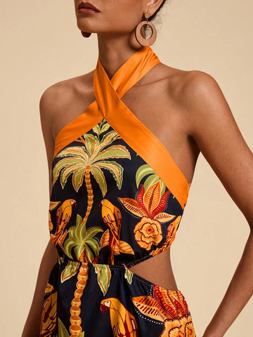 Travachic Vacation Woven Floral Print Halterneck Women Mini Dress