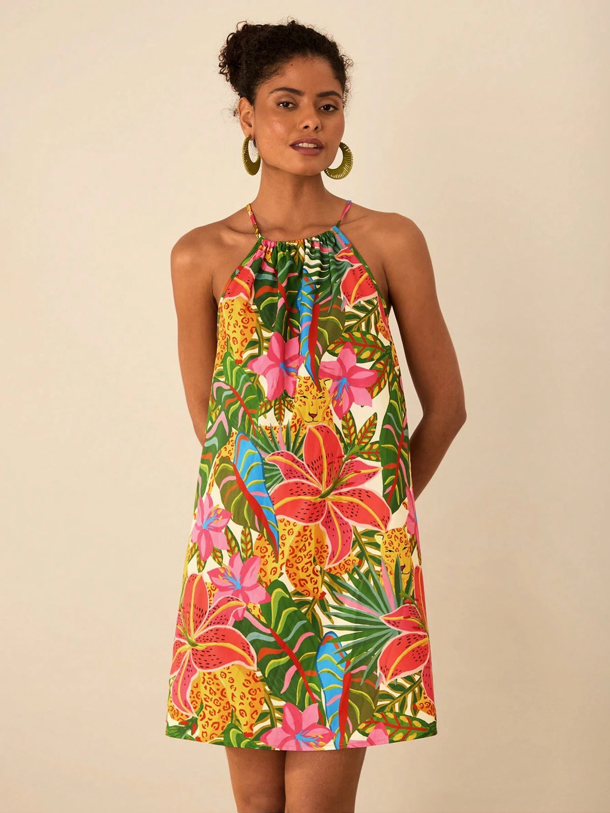 Travachic Vacation Woven Print Open Shoulder Loose Mini Dress For Women