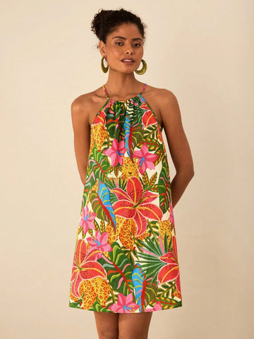 Travachic Vacation Woven Print Open Shoulder Loose Mini Dress For Women