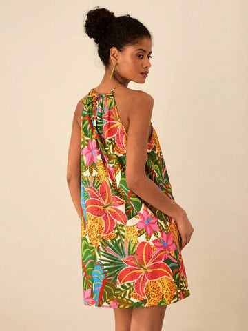 Travachic Vacation Woven Print Open Shoulder Loose Mini Dress For Women