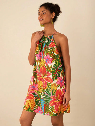 Travachic Vacation Woven Print Open Shoulder Loose Mini Dress For Women