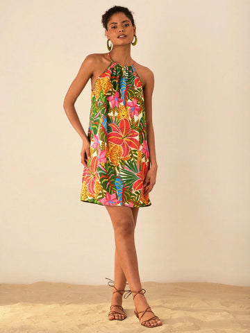 Travachic Vacation Woven Print Open Shoulder Loose Mini Dress For Women