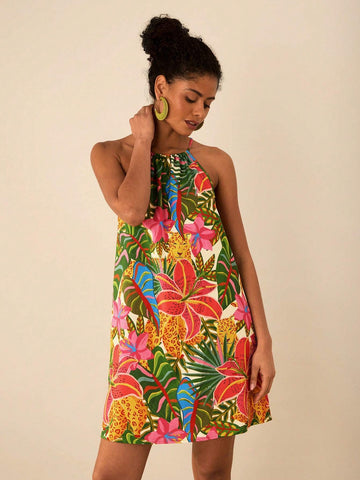 Travachic Vacation Woven Print Open Shoulder Loose Mini Dress For Women