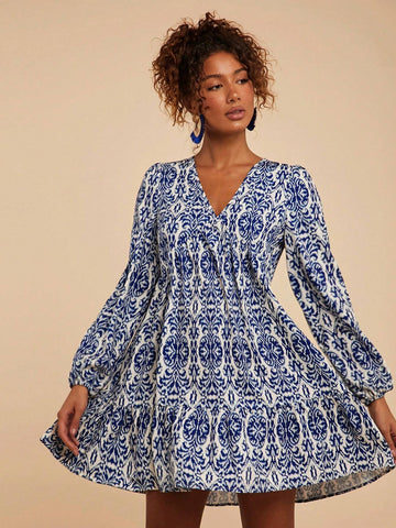 Travachic Vacation Woven Print V-Neck Long Sleeve Ruffle Hem Mini Dress For Women
