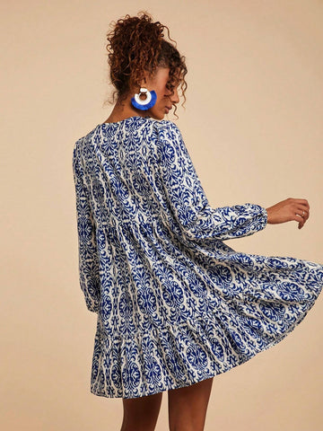 Travachic Vacation Woven Print V-Neck Long Sleeve Ruffle Hem Mini Dress For Women