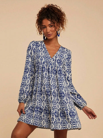 Travachic Vacation Woven Print V-Neck Long Sleeve Ruffle Hem Mini Dress For Women