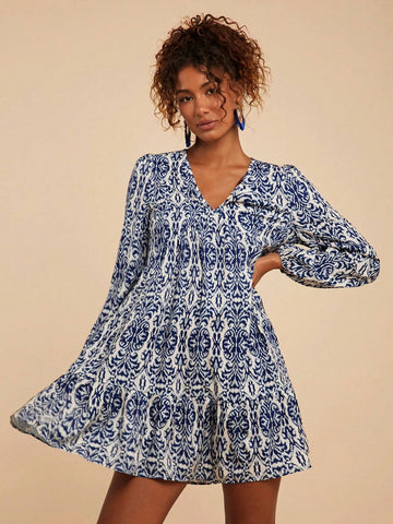 Travachic Vacation Woven Print V-Neck Long Sleeve Ruffle Hem Mini Dress For Women