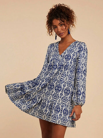 Travachic Vacation Woven Print V-Neck Long Sleeve Ruffle Hem Mini Dress For Women