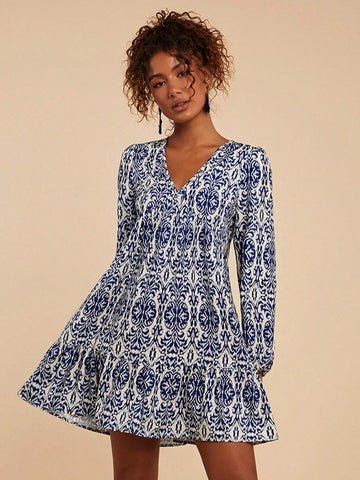 Travachic Vacation Woven Print V-Neck Long Sleeve Ruffle Hem Mini Dress For Women