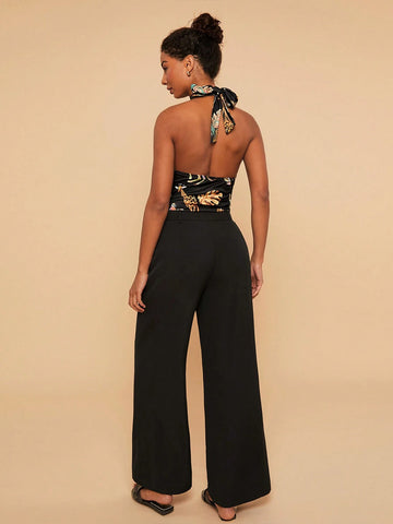 Travachic Women's Printed Halter Neck Backless Bodycon Bodysuit