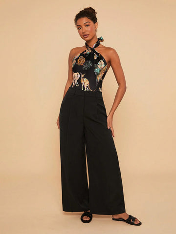 Travachic Women's Printed Halter Neck Backless Bodycon Bodysuit