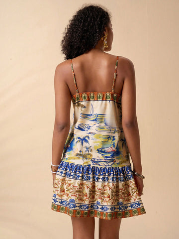 Travachic Women's Resort Ruffled Hem Spaghetti Strap Tropical Print Dress