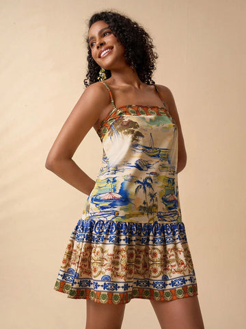 Travachic Women's Resort Ruffled Hem Spaghetti Strap Tropical Print Dress