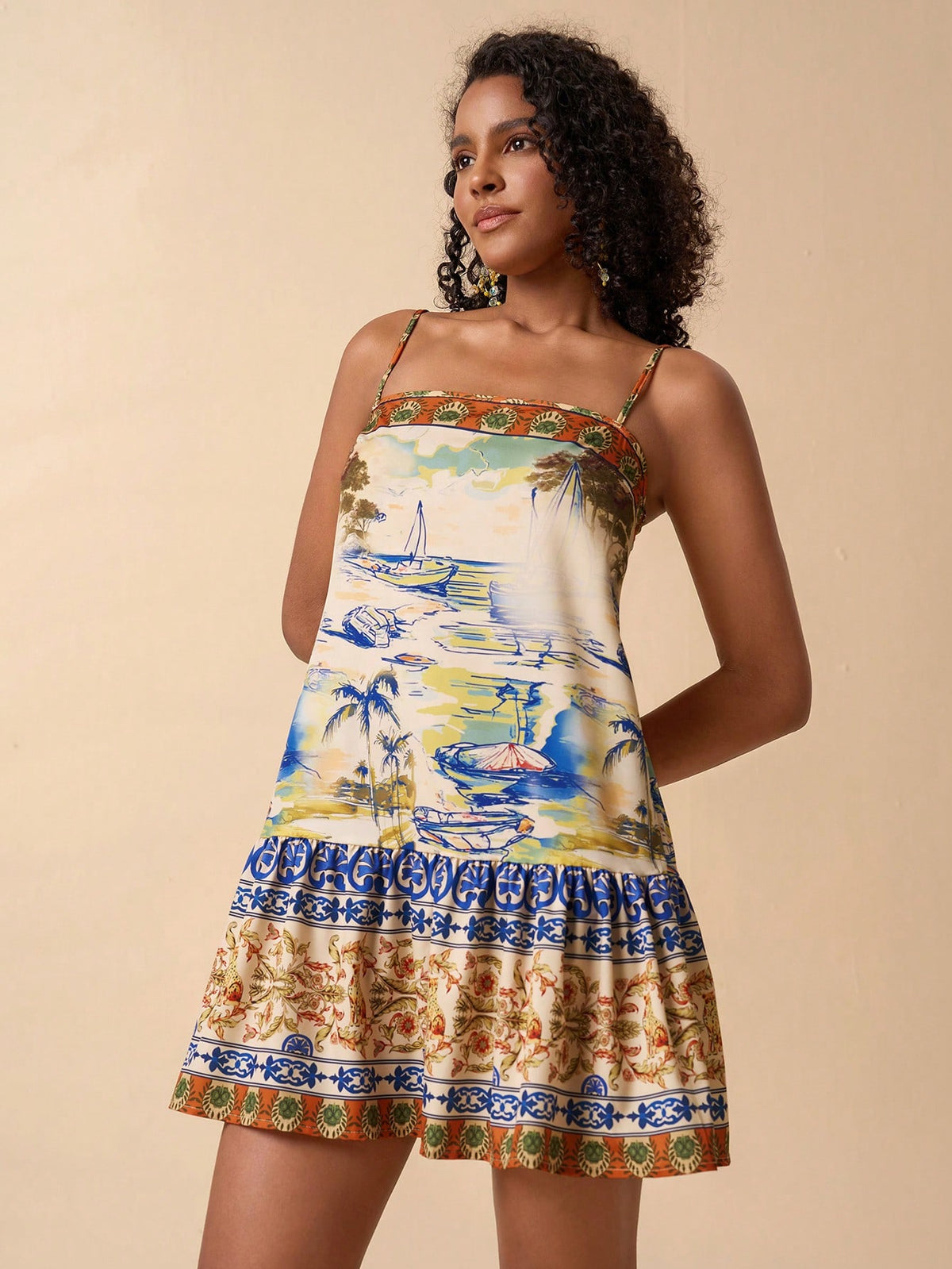 Travachic Women's Resort Ruffled Hem Spaghetti Strap Tropical Print Dress