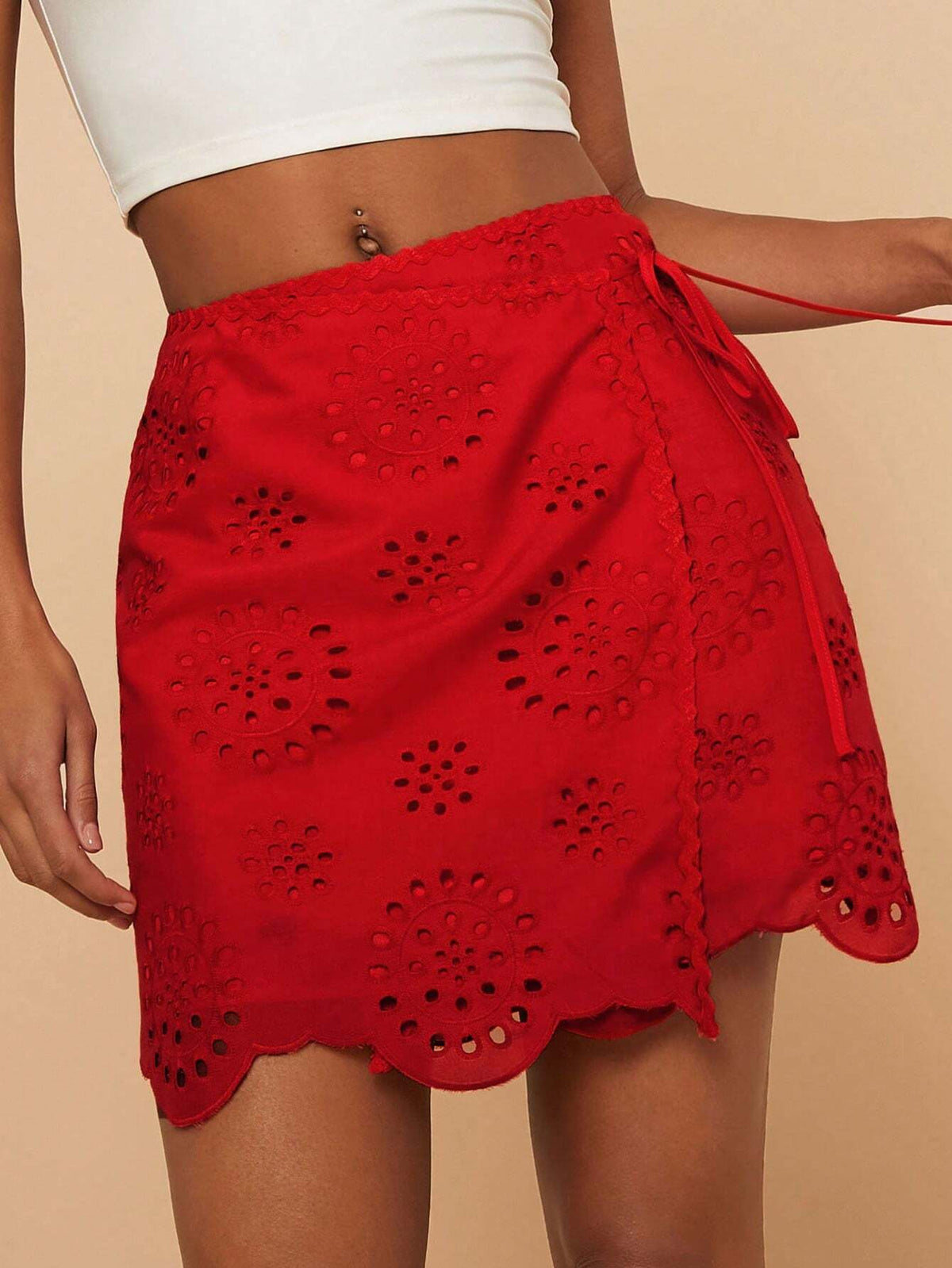 Travachic Women's Solid Color Tie-Up Simple Casual Eyelet Embroidery Skirt