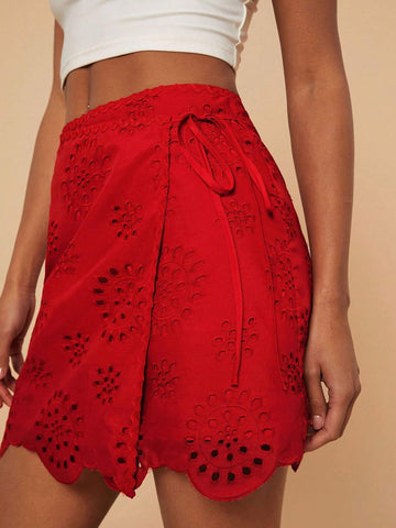 Travachic Women's Solid Color Tie-Up Simple Casual Eyelet Embroidery Skirt