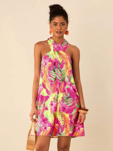 Travachic Women's Tropical Print Casual Sleeveless Mini Dress