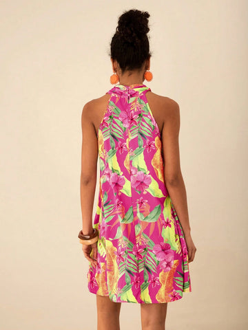 Travachic Women's Tropical Print Casual Sleeveless Mini Dress