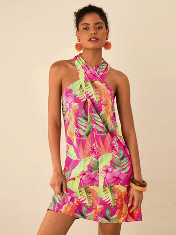 Travachic Women's Tropical Print Casual Sleeveless Mini Dress