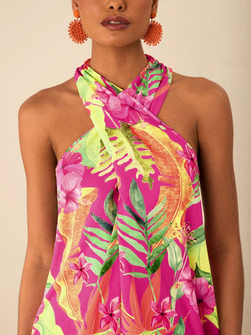 Travachic Women's Tropical Print Casual Sleeveless Mini Dress