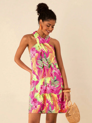 Travachic Women's Tropical Print Casual Sleeveless Mini Dress