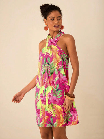 Travachic Women's Tropical Print Casual Sleeveless Mini Dress