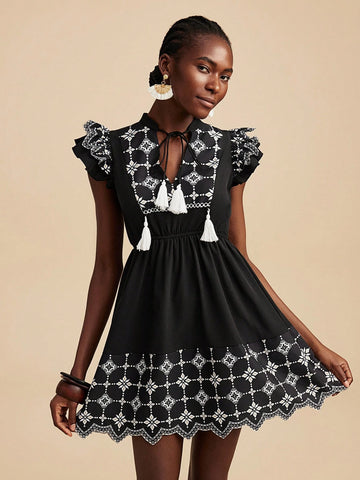 Travachic Woven Print Airplane Sleeve Summer Vacation Mini Dress For Women