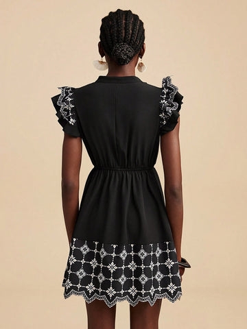 Travachic Woven Print Airplane Sleeve Summer Vacation Mini Dress For Women