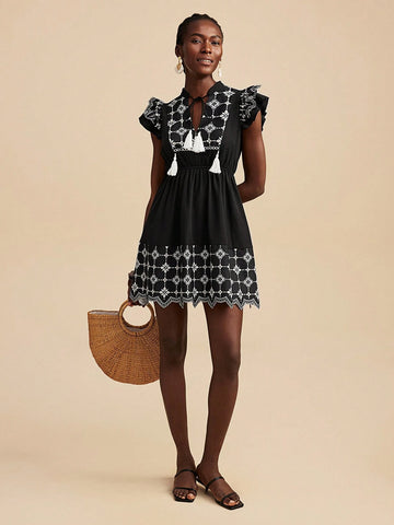 Travachic Woven Print Airplane Sleeve Summer Vacation Mini Dress For Women