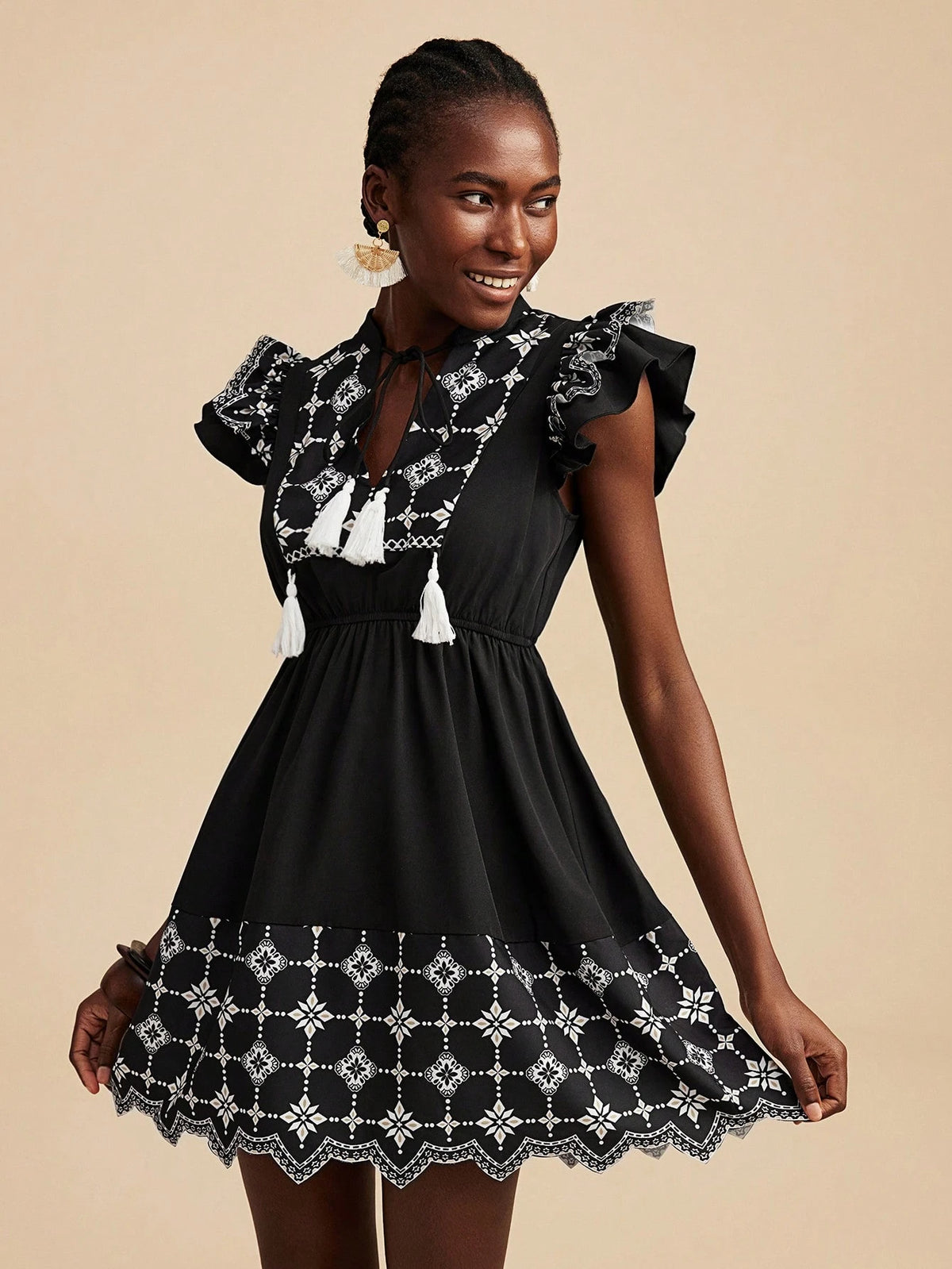 Travachic Woven Print Airplane Sleeve Summer Vacation Mini Dress For Women