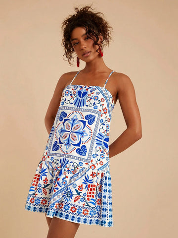 Travachic Woven Printed Sleeveless Mini Dress For Women