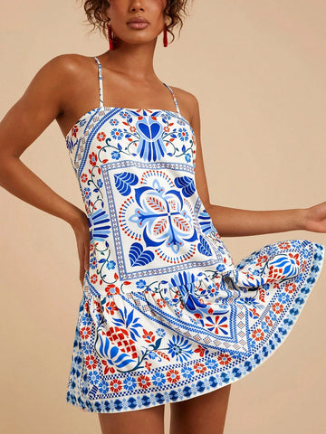 Travachic Woven Printed Sleeveless Mini Dress For Women