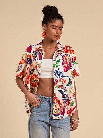 Woven Tropical Print Women's Shirt, Casual And Fashionable For Everyday Wear
