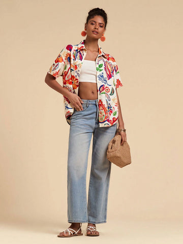 Woven Tropical Print Women's Shirt, Casual And Fashionable For Everyday Wear