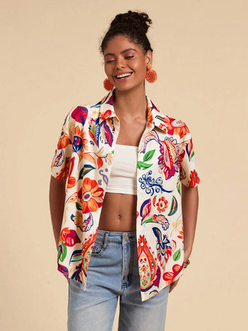 Woven Tropical Print Women's Shirt, Casual And Fashionable For Everyday Wear