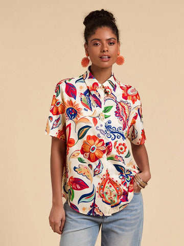 Woven Tropical Print Women's Shirt, Casual And Fashionable For Everyday Wear