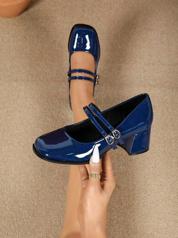 Trendy Chunky Heel Platform Mary Jane Flats, French Style Mid Heels, Versatile Strap Leather Shoes, Women, Fall 2024