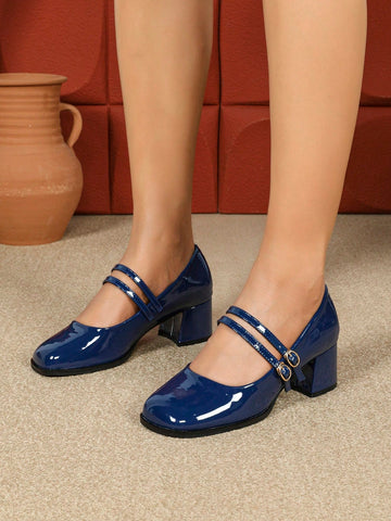 Trendy Chunky Heel Platform Mary Jane Flats, French Style Mid Heels, Versatile Strap Leather Shoes, Women, Fall 2024