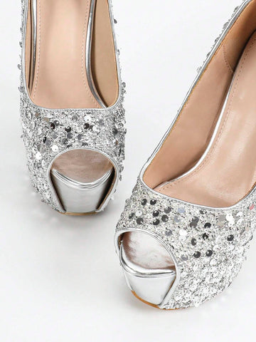 Trendy EU/US Style Versatile Super High Heel Waterproof Platform Sequined