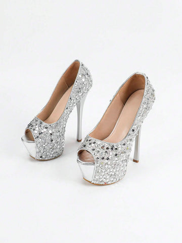Trendy EU/US Style Versatile Super High Heel Waterproof Platform Sequined