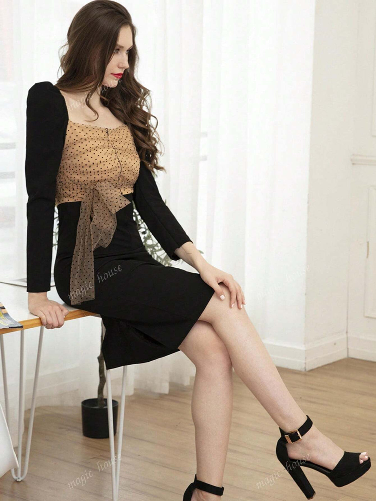 Trendy & Hot Selling Polka Dot Waist Cinched Bodycon Long Sleeve Dress, Autumn/Winter