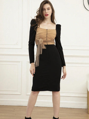 Trendy & Hot Selling Polka Dot Waist Cinched Bodycon Long Sleeve Dress, Autumn/Winter