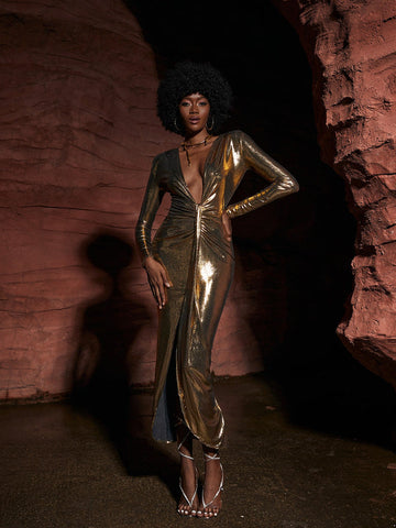Tressie V Neck Metallic Dress In Gold