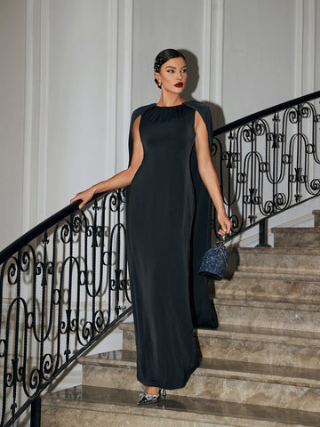 Tricia Wide Cape Maxi Dress In Black