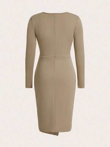 Trim Khaki Dress With Commuter Metal Buckle