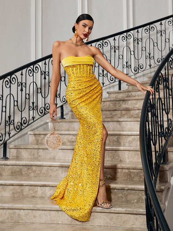 Trish Strapless Sequin Split Maxi Dress